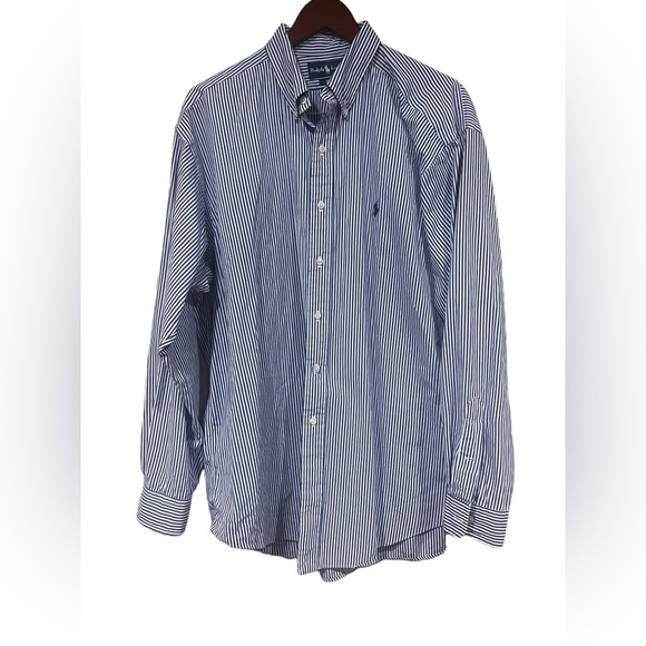 Ralph Lauren Mens Button Down Black Dress Shirt Blue and White Stripe Size XL - Picture 1 of 4